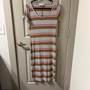 LOFT Striped Knit Midi Dress Pink Green Orange Short Sleeve Slim Medium